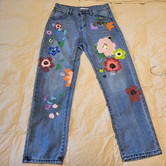 Misslook Hippie Floral Straight Leg Jeans Mid Rise Light Wash Size L - Picture 12 of 16